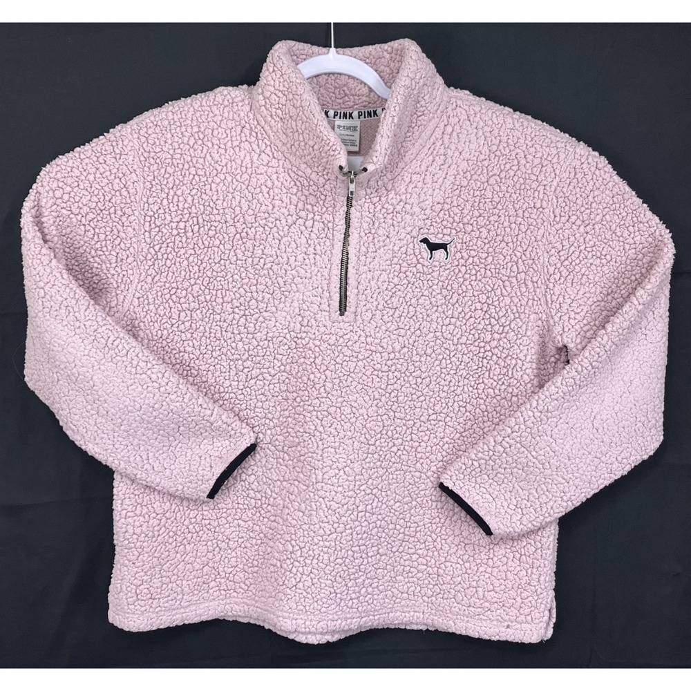 PINK Victorias Secret Women L Pink Sherpa Fleece Quarter Zip Pullover Jacket Dog